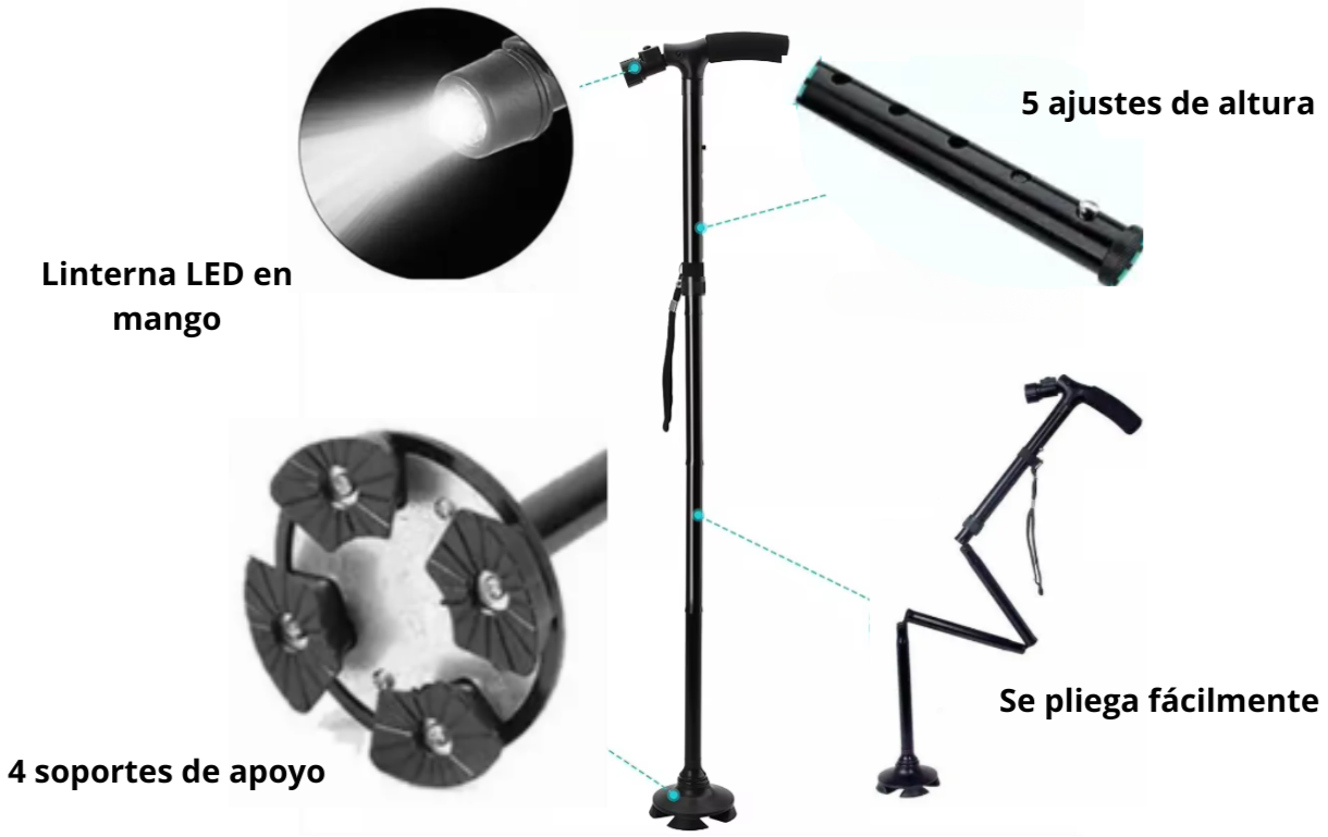 BASTÓN ORTOPÉDICO PLEGABLE Y RETRÁCTIL CON LUZ LED